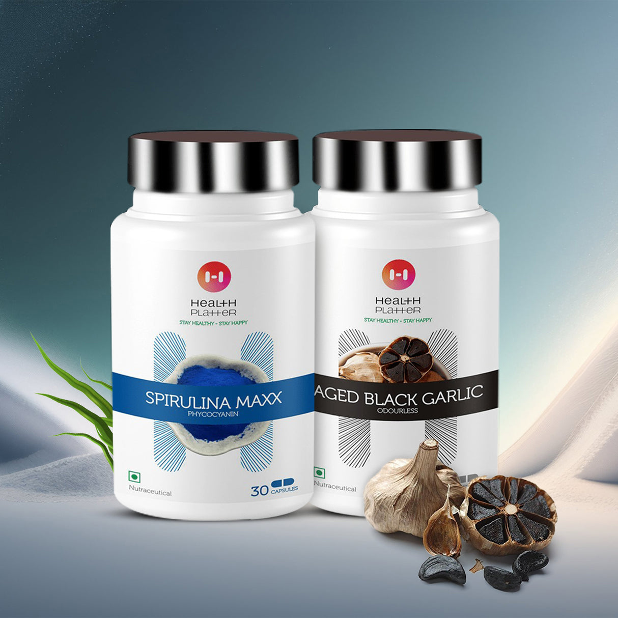 Health Platter Spirulina Maxx - Phycocyanin Capsules + Aged Black Garlic Capsules